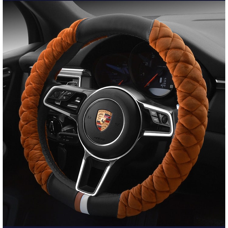 Steering Wheel Cover with Quilted Plush Faux Leather and Diamond Pattern