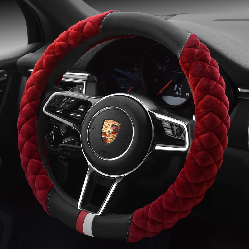 Steering Wheel Cover with Quilted Plush Faux Leather and Diamond Pattern