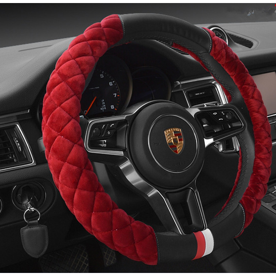 Steering Wheel Cover with Quilted Plush Faux Leather and Diamond Pattern