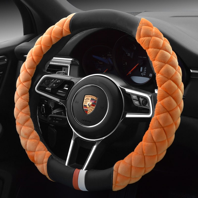 Steering Wheel Cover with Quilted Plush Faux Leather and Diamond Pattern