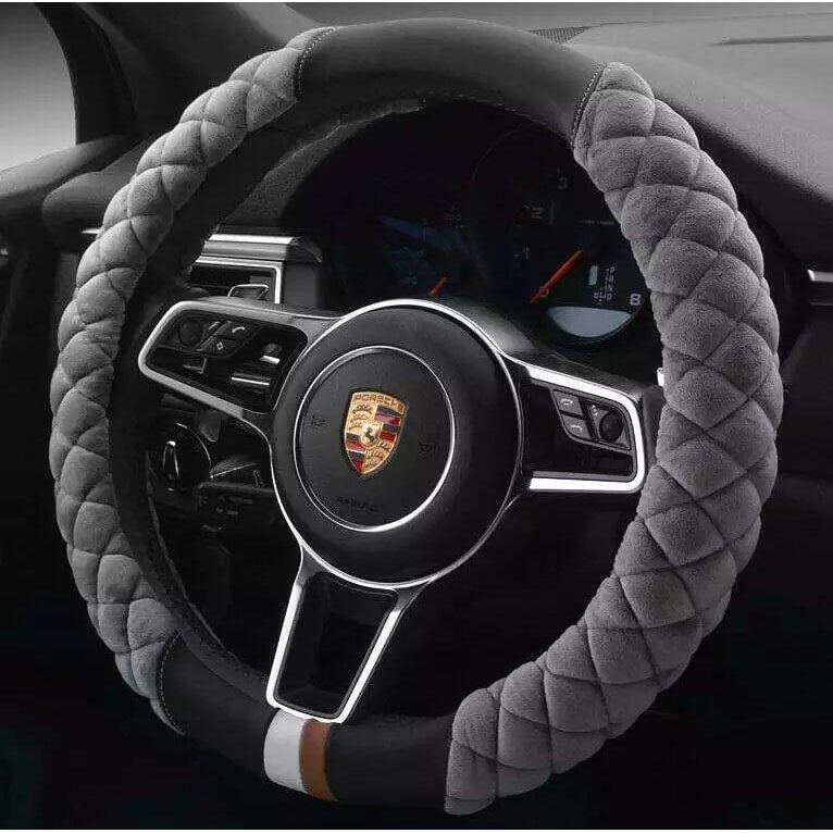 Steering Wheel Cover with Quilted Plush Faux Leather and Diamond Pattern