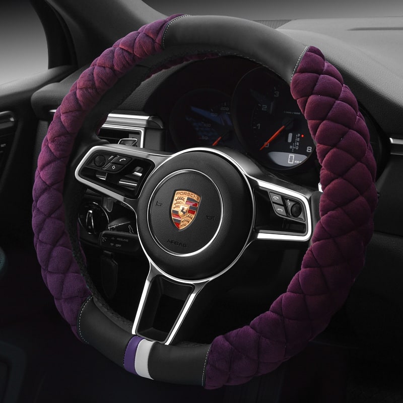 Steering Wheel Cover with Quilted Plush Faux Leather and Diamond Pattern