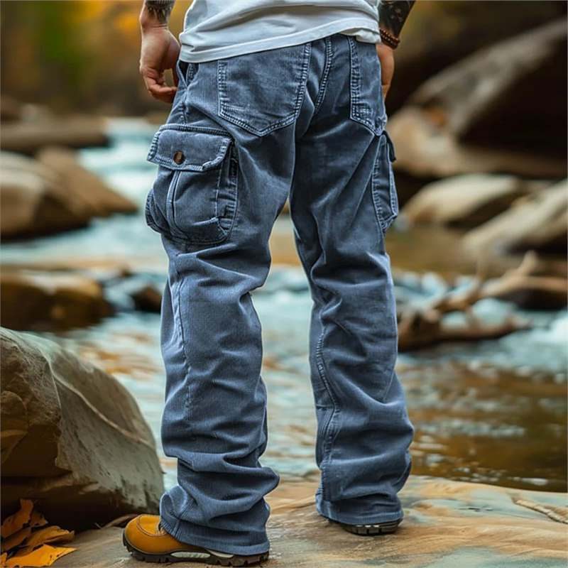 Straight Leg Cargo Jeans with Multiple Pockets for Men
