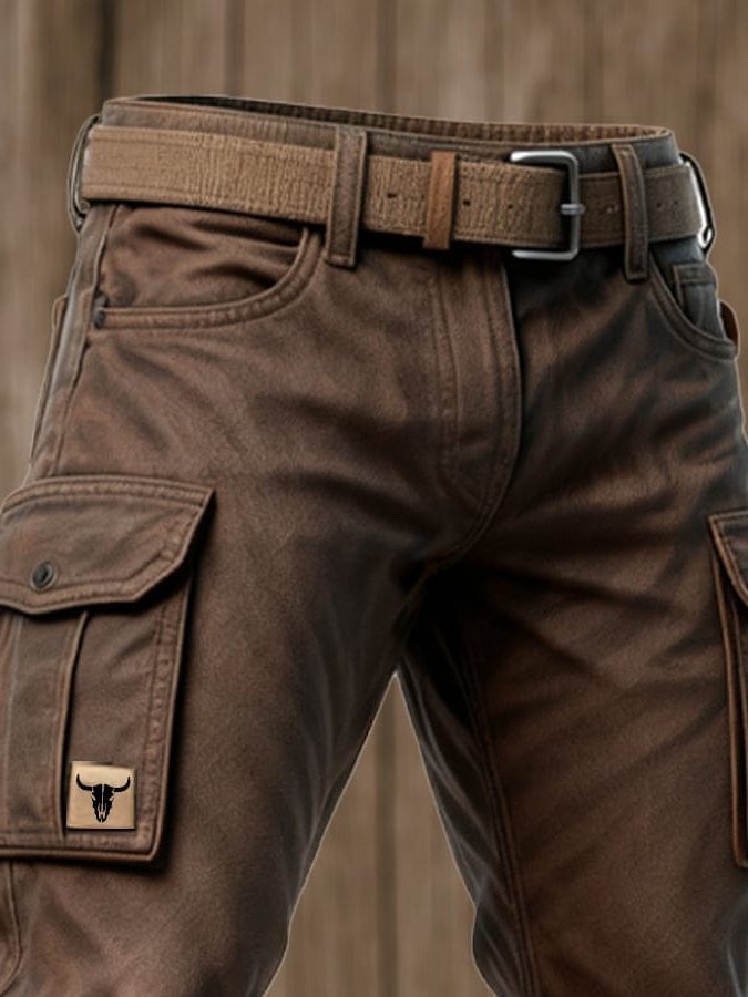 Straight Leg Cargo Trousers with Belted Waist for Men