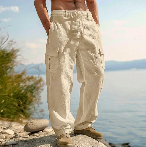 Straight Leg Cargo Trousers with Side Pockets for Men