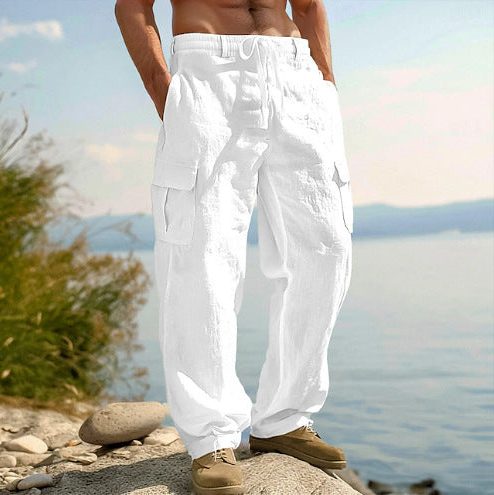 Straight Leg Cargo Trousers with Side Pockets for Men