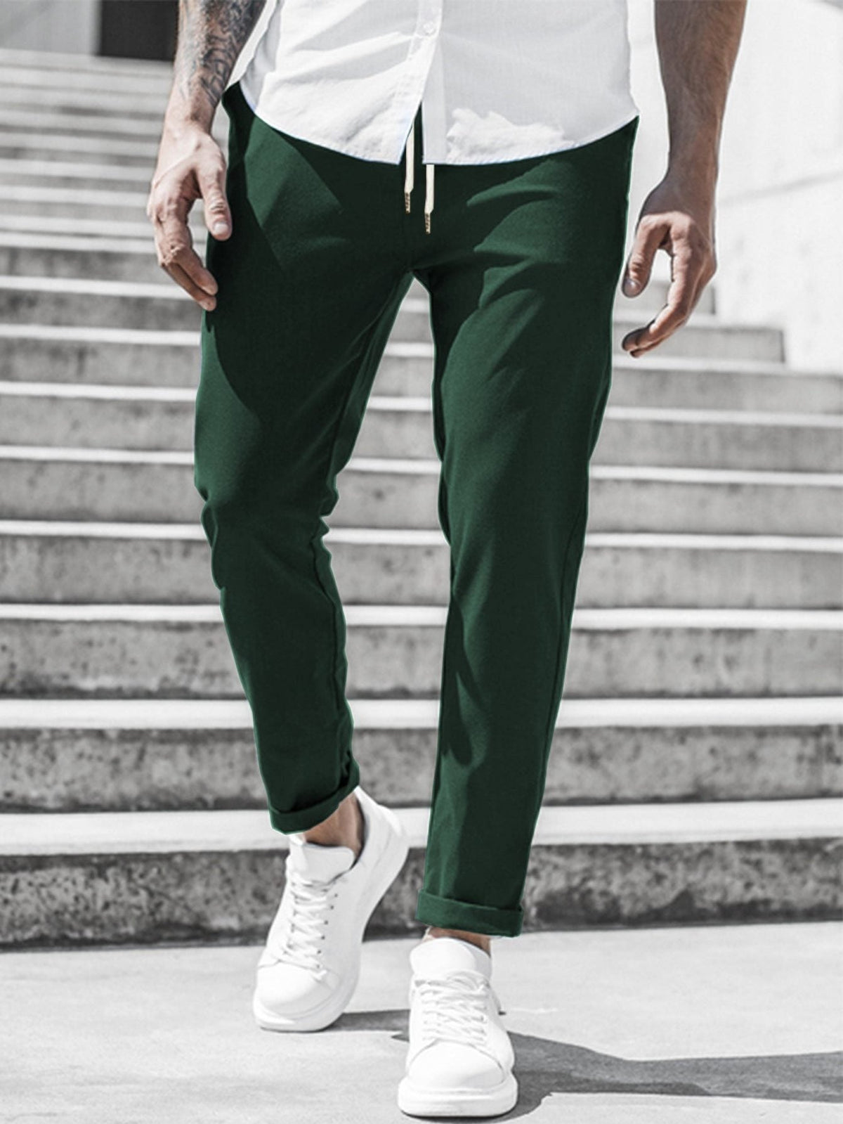 Straight Leg Chino Trousers with Drawstring for Men