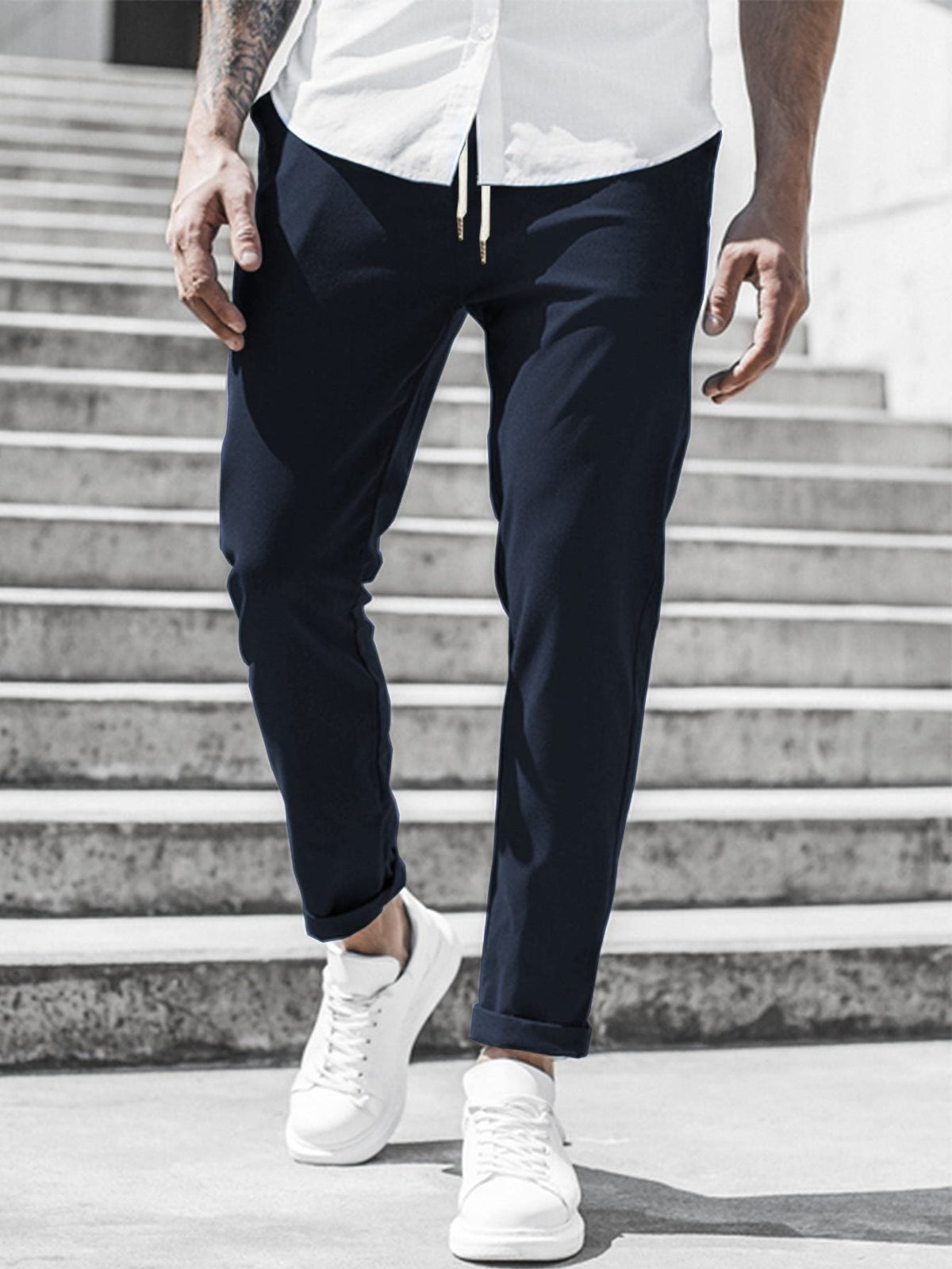 Straight Leg Chino Trousers with Drawstring for Men