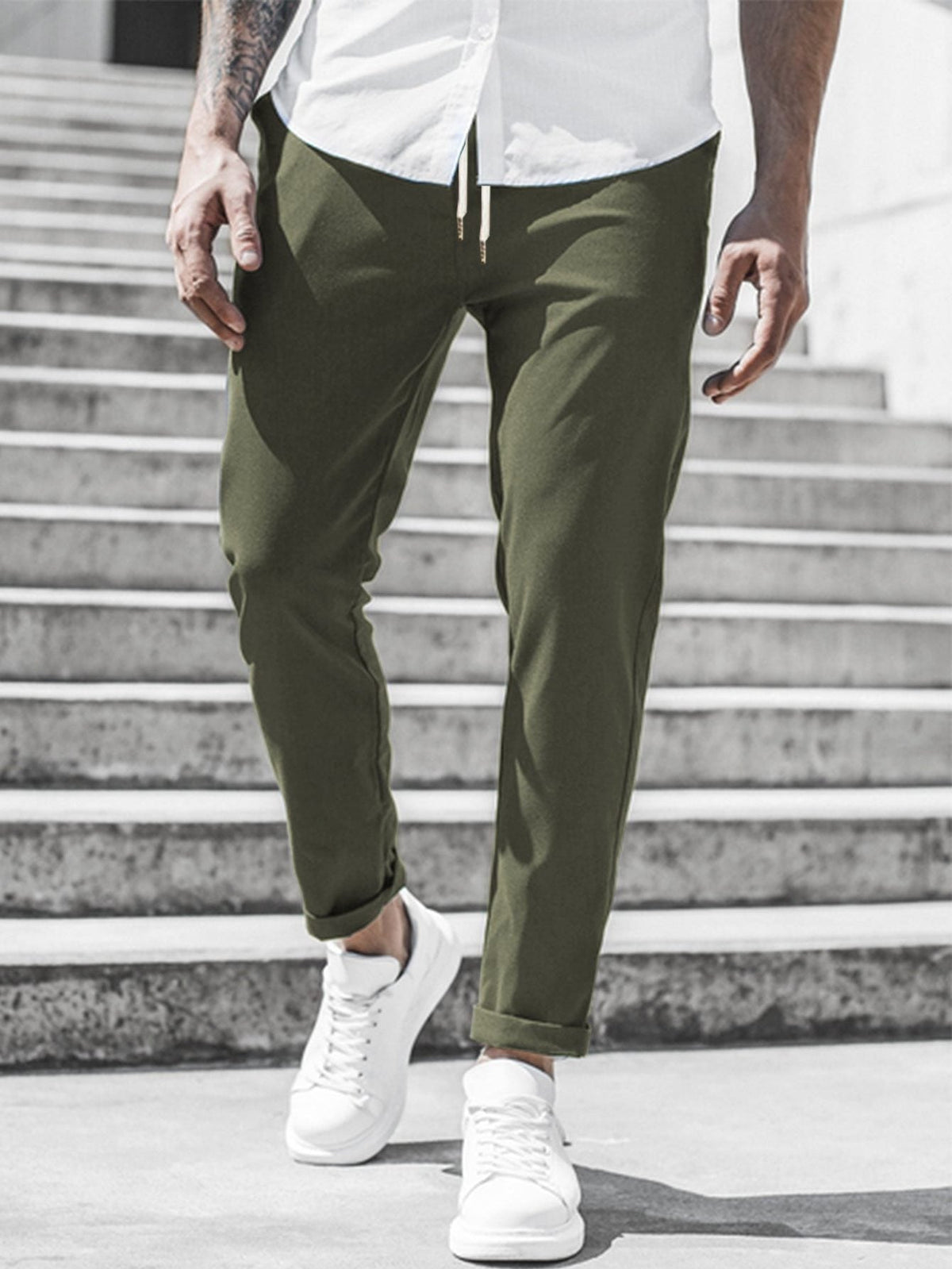 Straight Leg Chino Trousers with Drawstring for Men