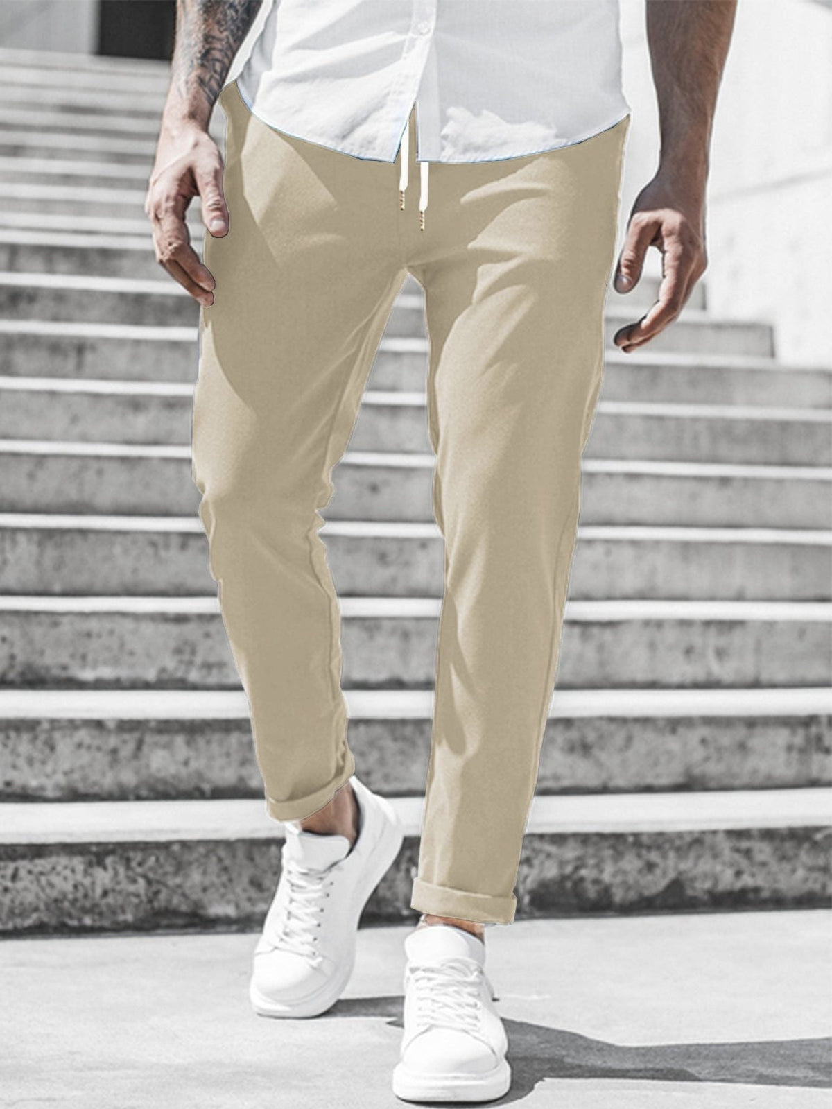 Straight Leg Chino Trousers with Drawstring for Men