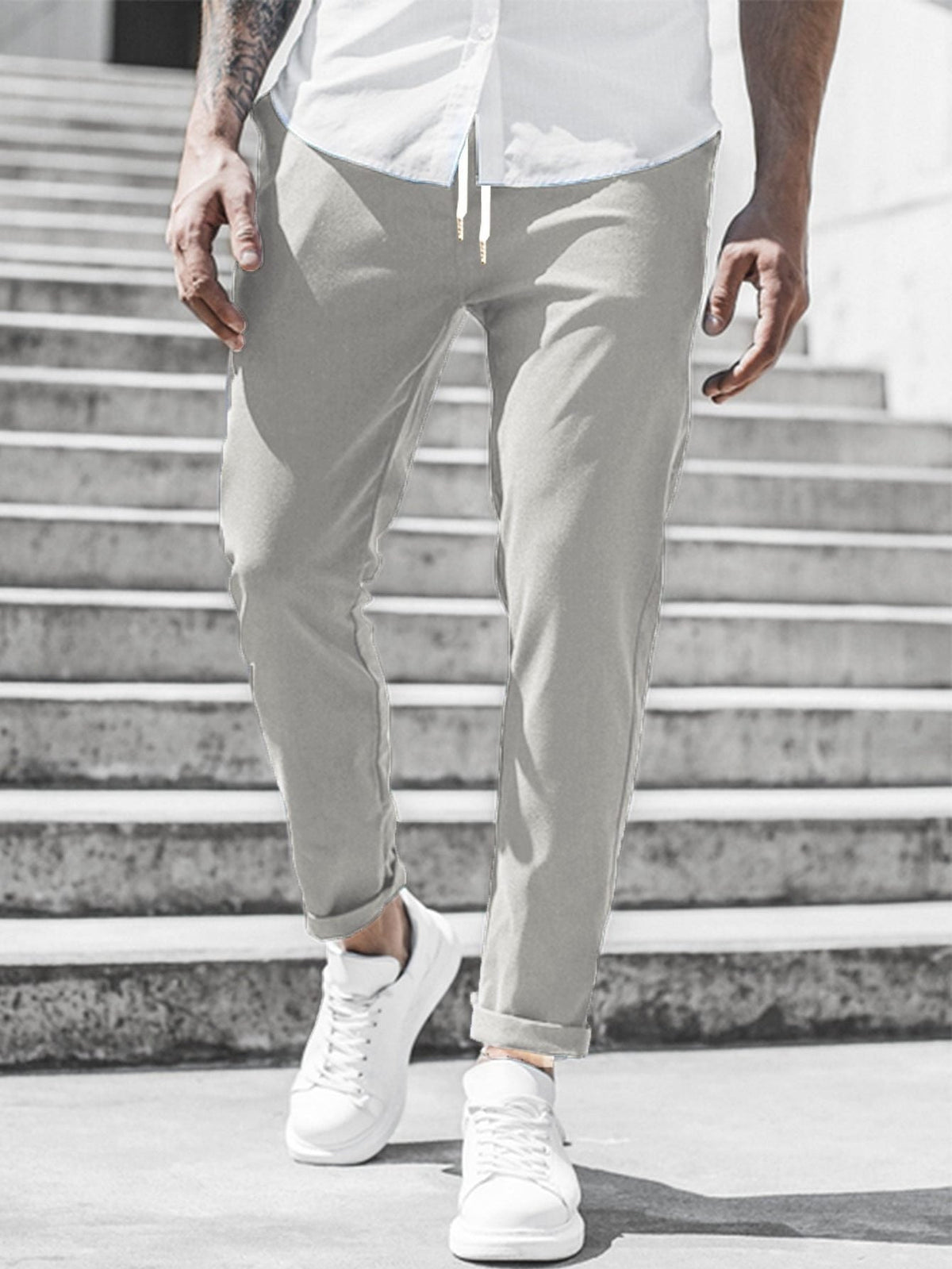 Straight Leg Chino Trousers with Drawstring for Men