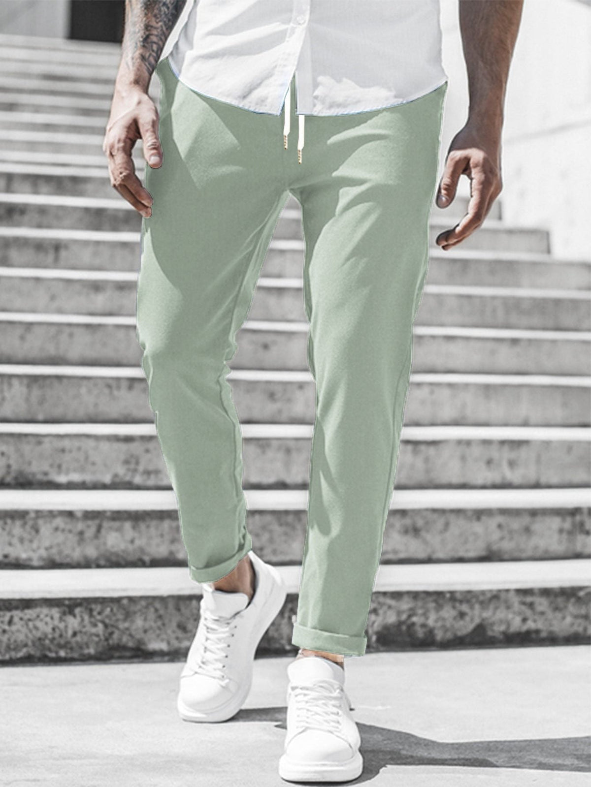 Straight Leg Chino Trousers with Drawstring for Men