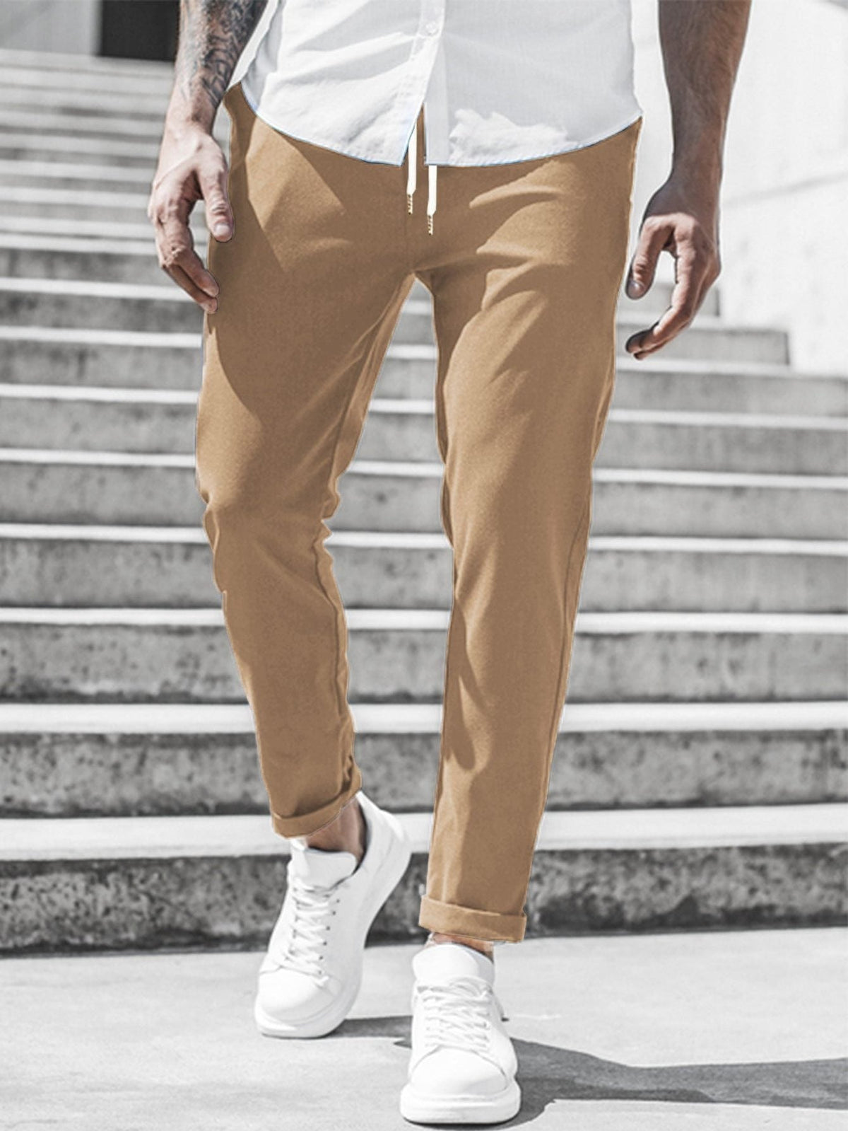 Straight Leg Chino Trousers with Drawstring for Men