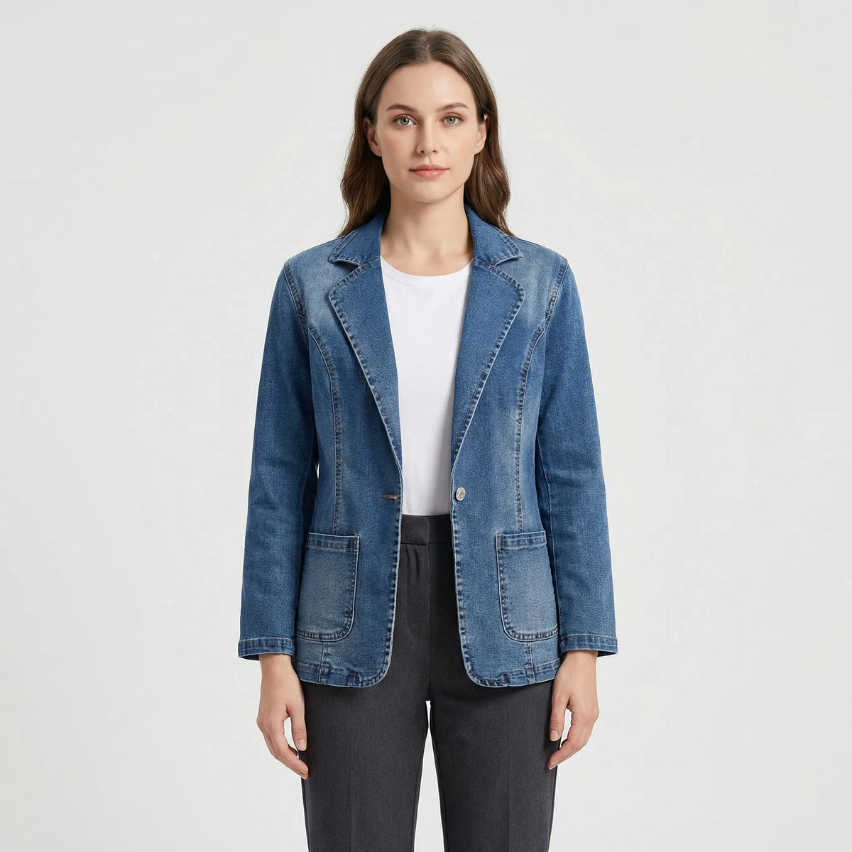 Structured Denim Blazer with Lapel Collar