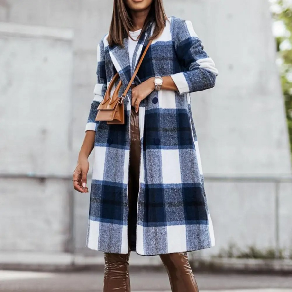 Women's Check Long Coat Open Front Longline