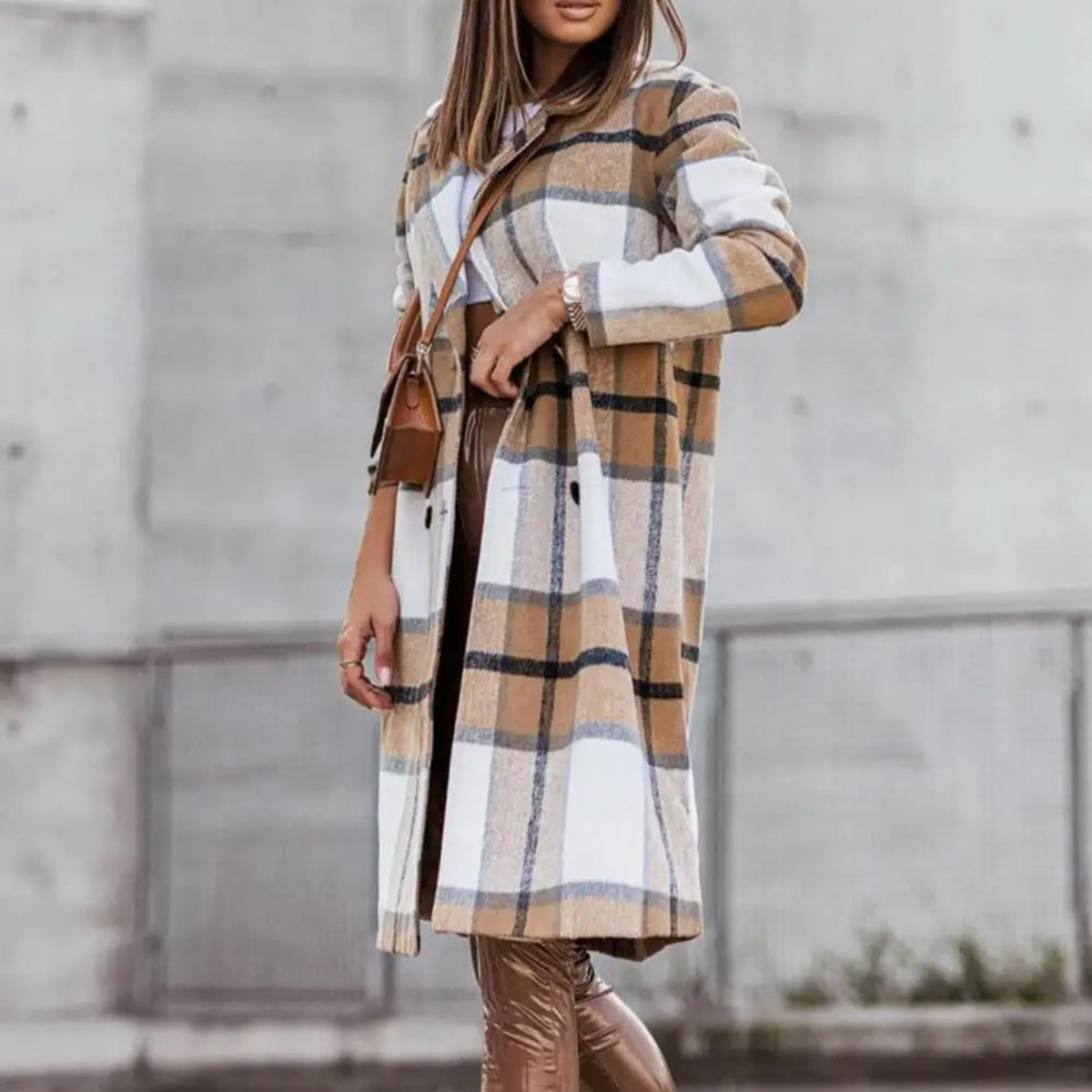 Women's Check Long Coat Open Front Longline