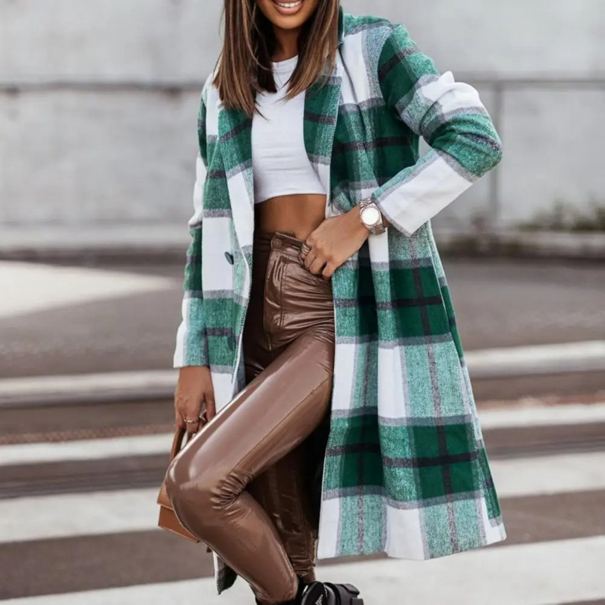 Women's Check Long Coat Open Front Longline