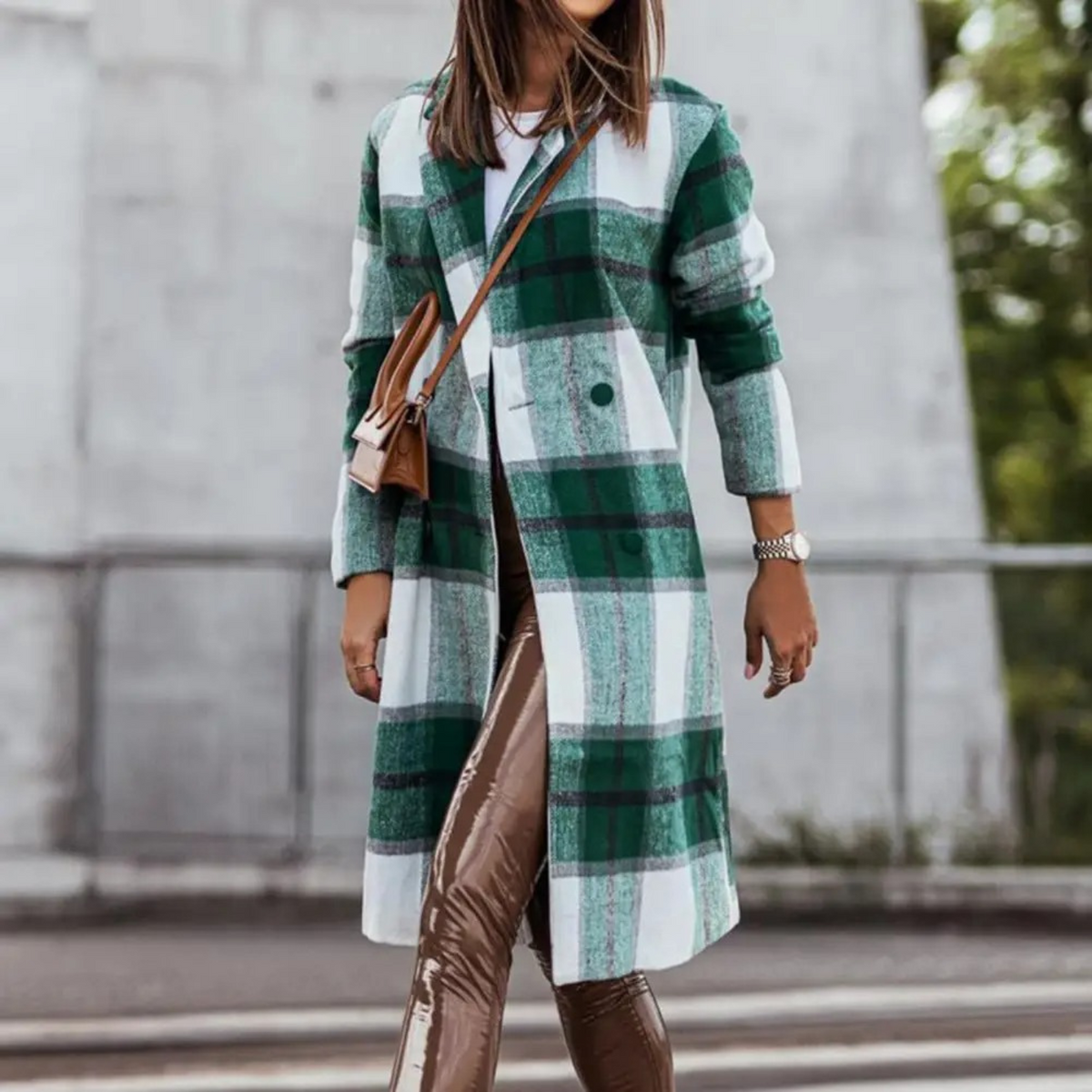 Women's Check Long Coat Open Front Longline