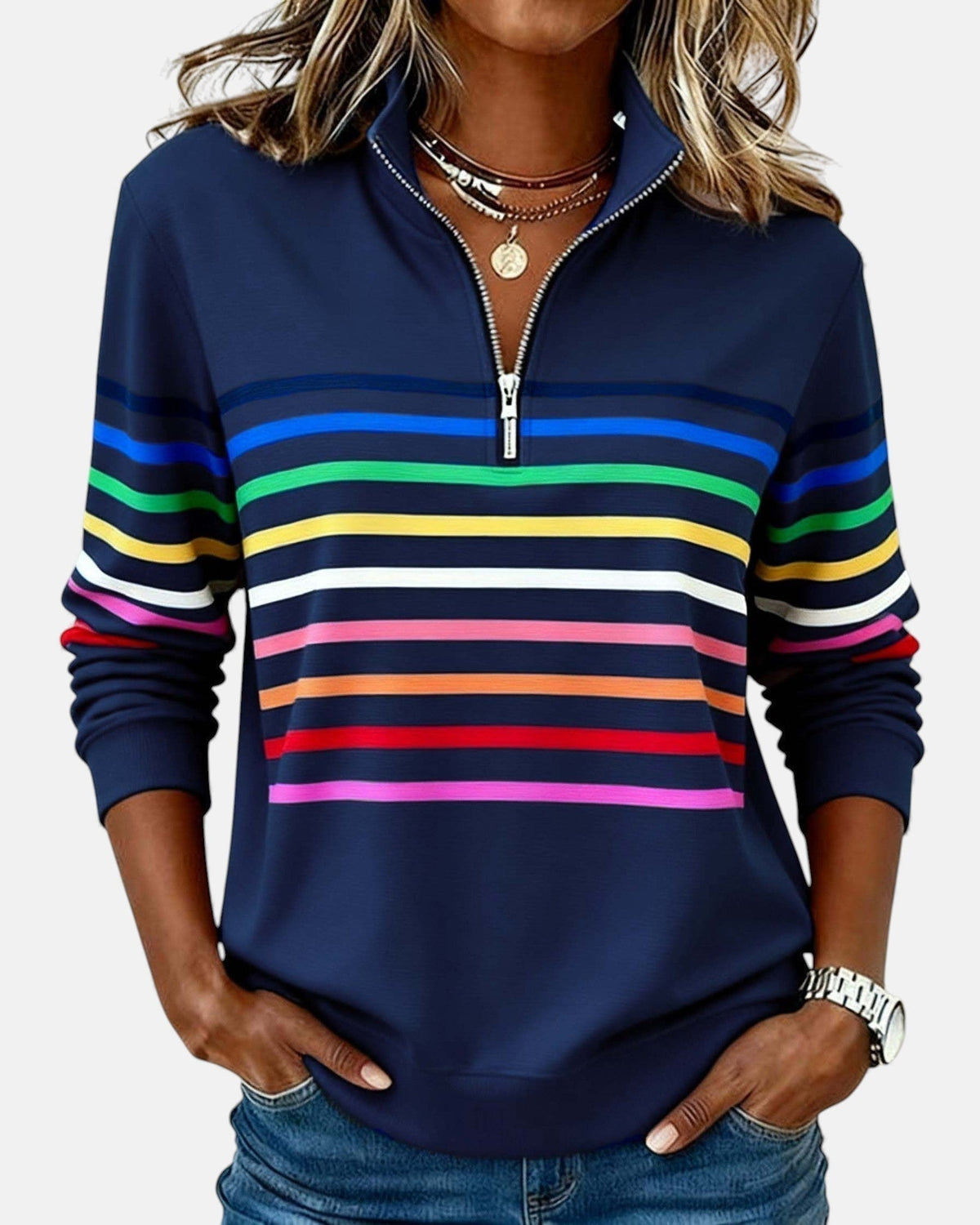Ella | Women's Striped Quarter Zip Sweatshirt Long Sleeve