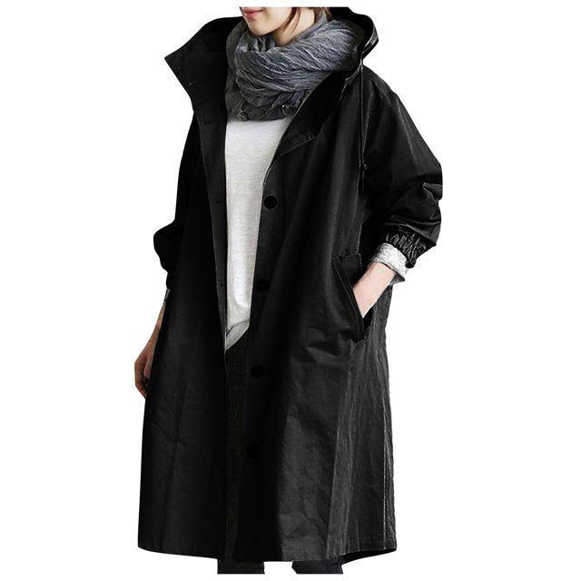 Women's Button-Front Trench Coat with Hood and Pockets