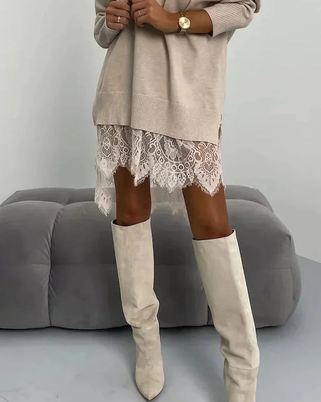 Sweater Dress – Apricot Oversized Mini Lace Hem