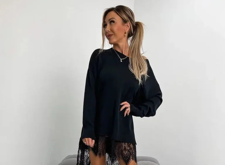 Sweater Dress – Apricot Oversized Mini Lace Hem