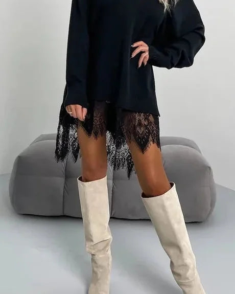 Sweater Dress – Apricot Oversized Mini Lace Hem