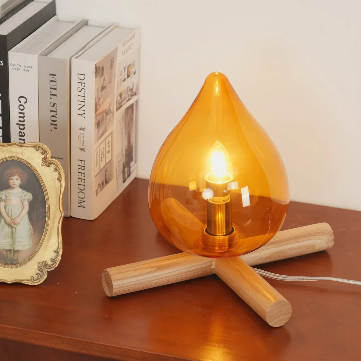 Table Lamp | Hand-Blown Glass Shade & Wood Cross Base