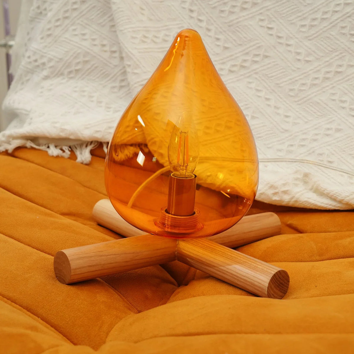 Table Lamp | Hand-Blown Glass Shade & Wood Cross Base
