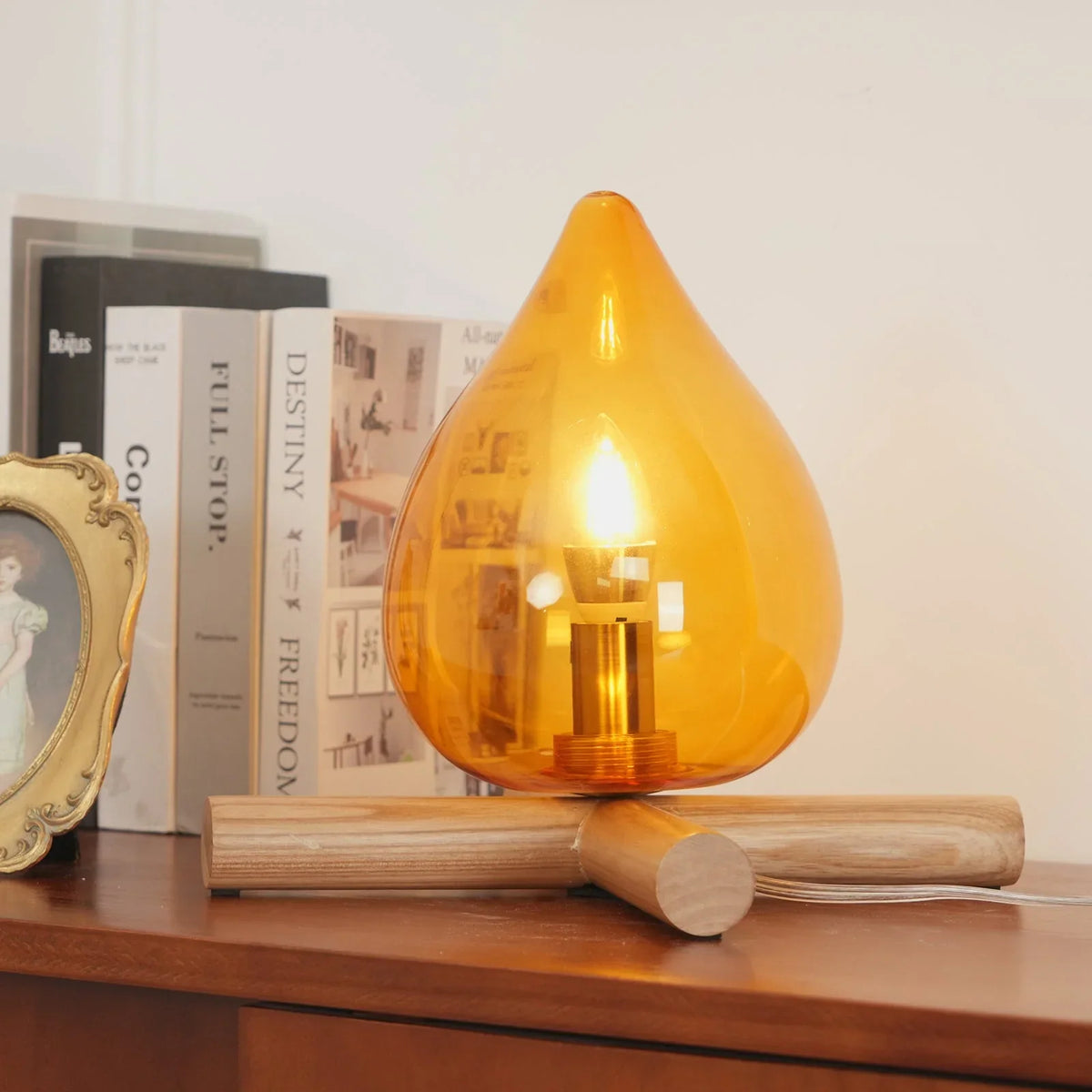 Table Lamp | Hand-Blown Glass Shade & Wood Cross Base