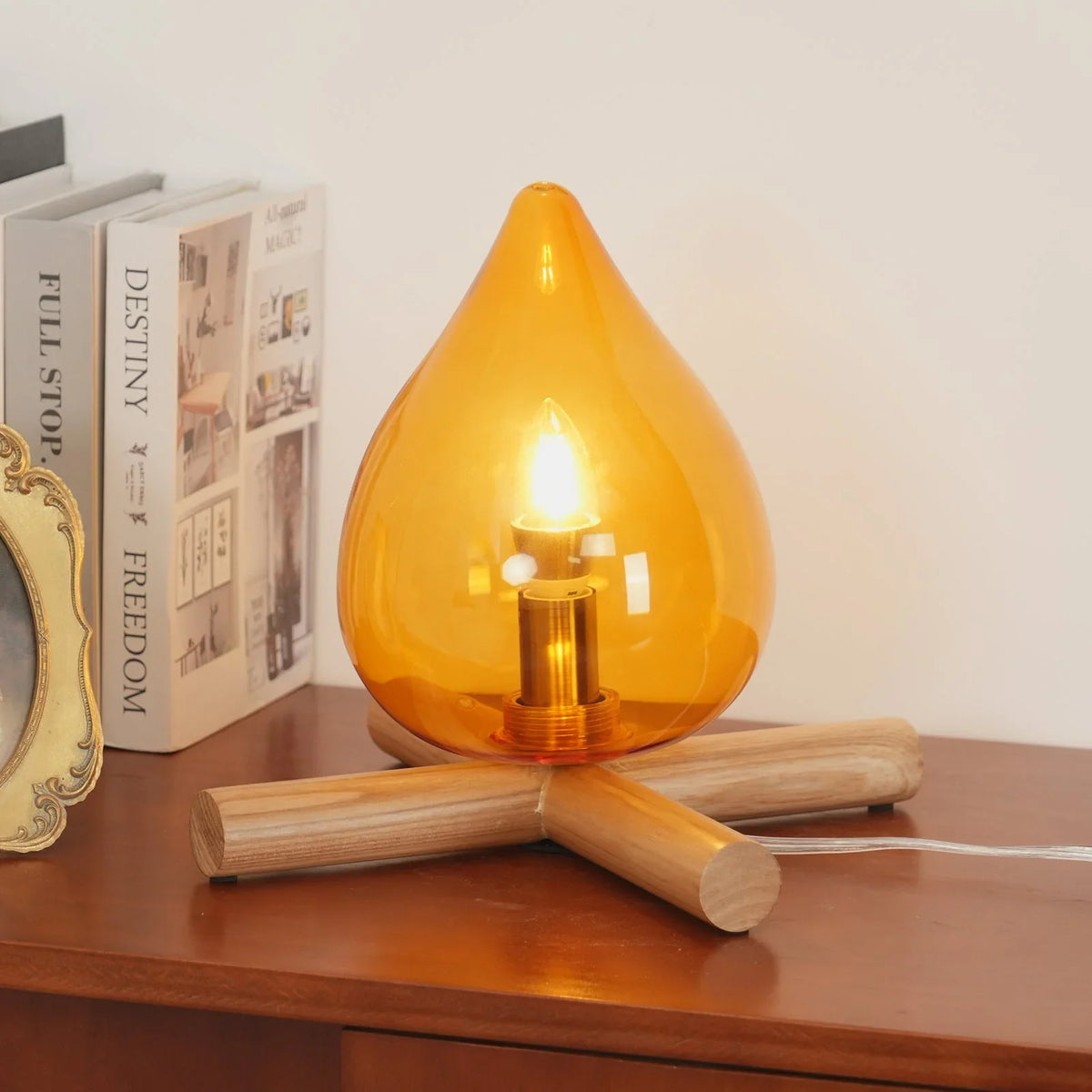 Table Lamp | Hand-Blown Glass Shade & Wood Cross Base
