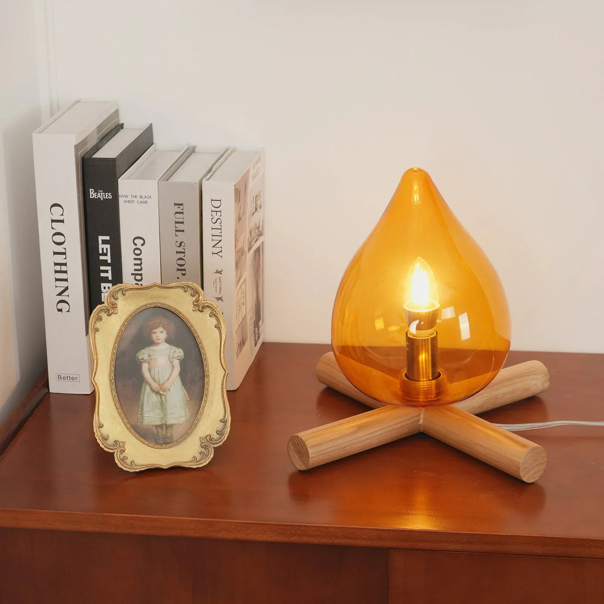 Table Lamp | Hand-Blown Glass Shade & Wood Cross Base