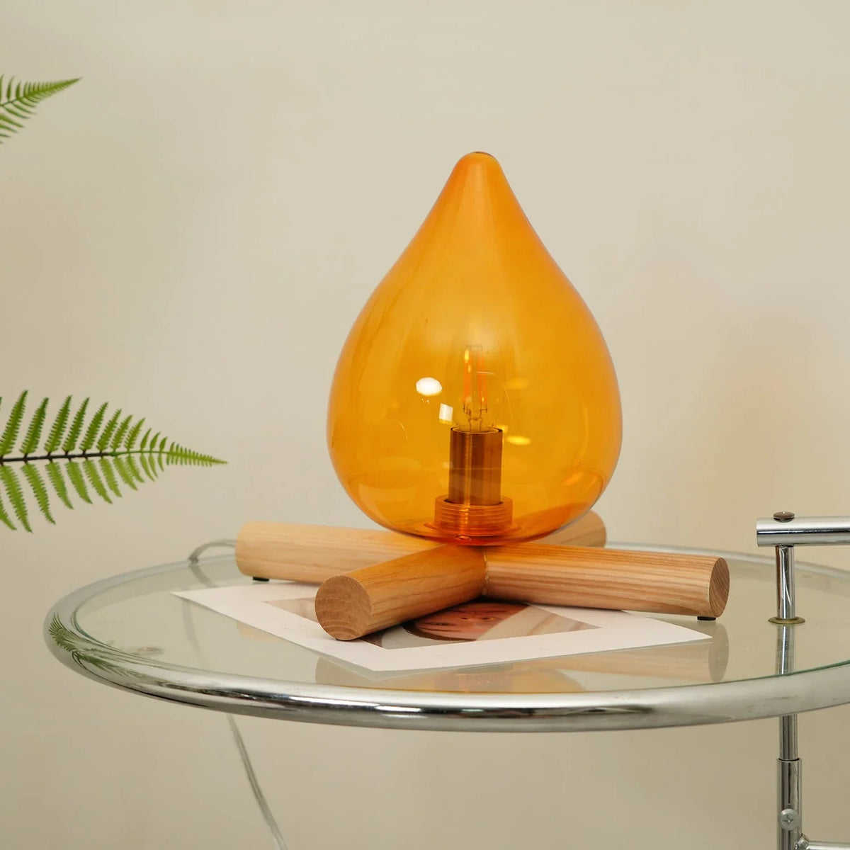 Table Lamp | Hand-Blown Glass Shade & Wood Cross Base