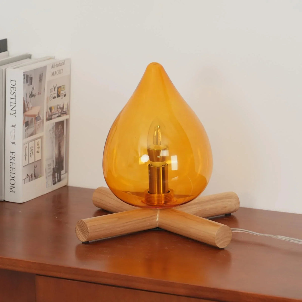 Table Lamp | Hand-Blown Glass Shade & Wood Cross Base