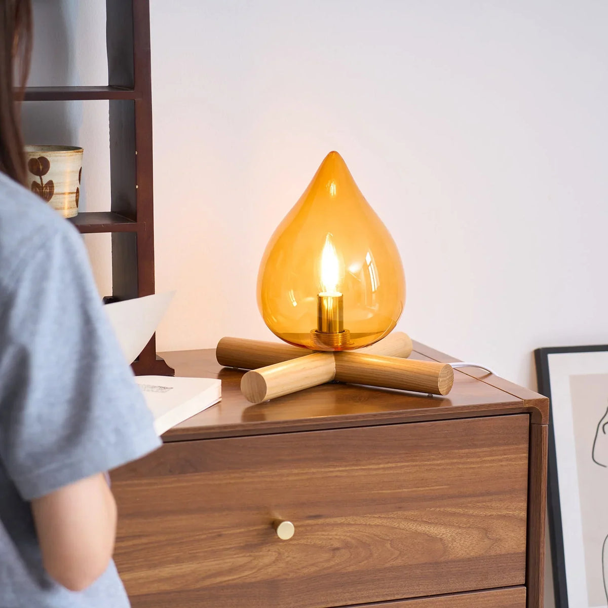Table Lamp | Hand-Blown Glass Shade & Wood Cross Base
