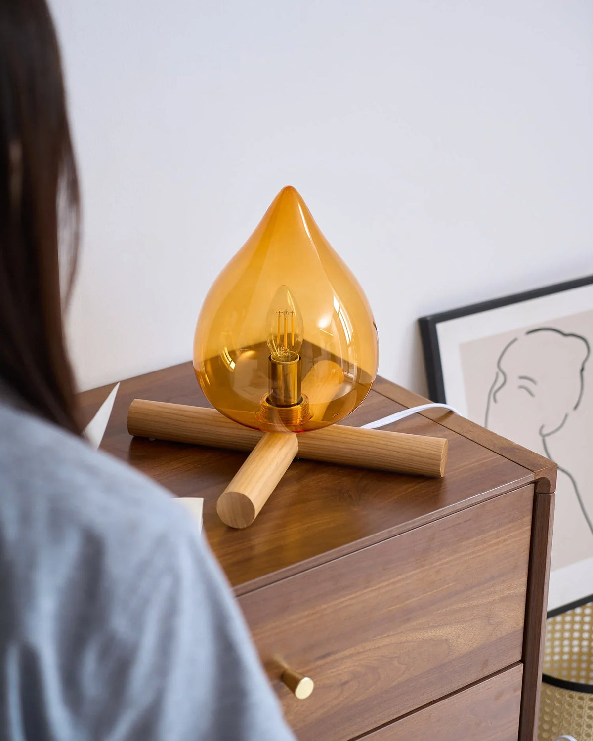 Table Lamp | Hand-Blown Glass Shade & Wood Cross Base