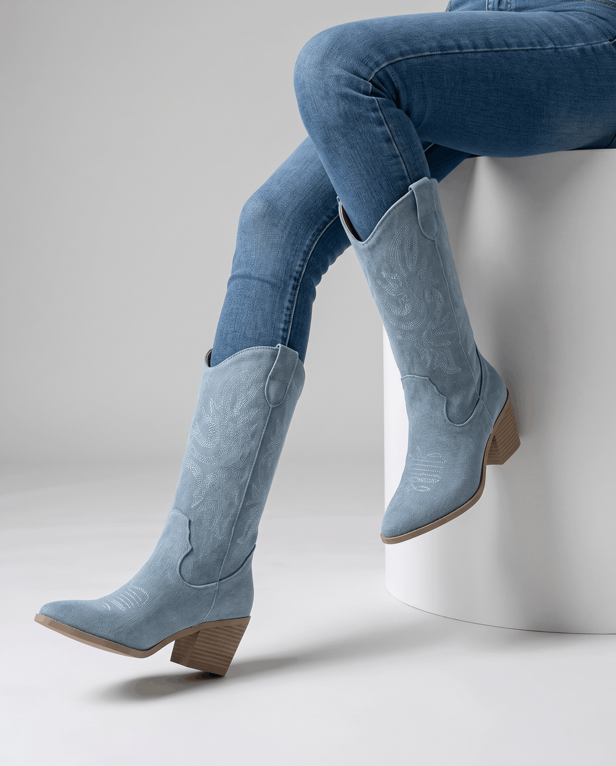 Tall Cowboy Boots – Textured Upper, Block Heel & Pointed Toe | Nancy