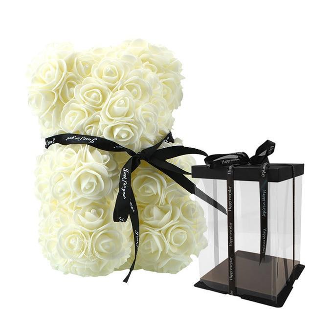 Teddy Bear | Handmade Faux Rose & Satin Bow | 25 cm Tall