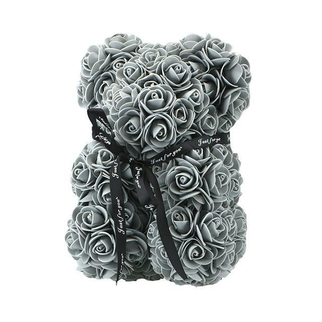 Teddy Bear | Handmade Faux Rose & Satin Bow | 25 cm Tall