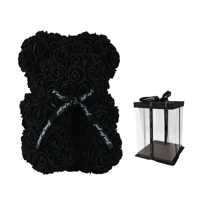 Teddy Bear | Handmade Faux Rose & Satin Bow | 25 cm Tall