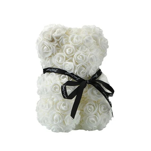 Teddy Bear | Handmade Faux Rose & Satin Bow | 25 cm Tall