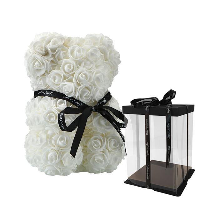 Teddy Bear | Handmade Faux Rose & Satin Bow | 25 cm Tall