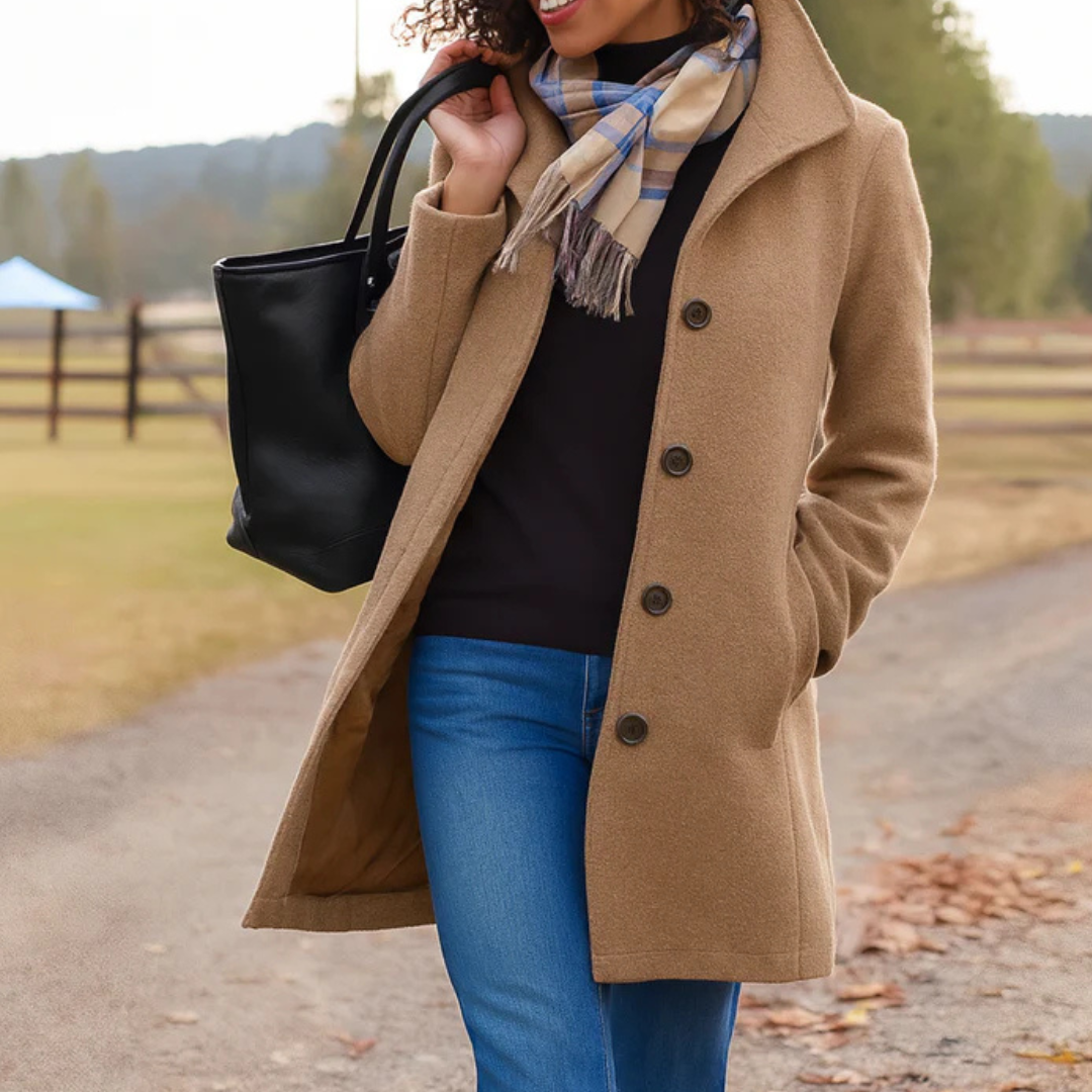 Michelle | Women's Dressy Wool Blend Winter Coat Lapel Collar Button Placket