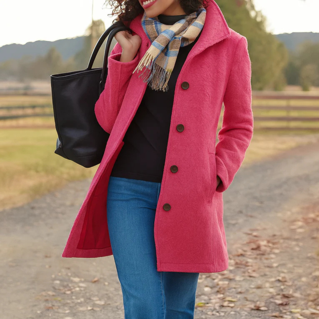 Michelle | Women's Dressy Wool Blend Winter Coat Lapel Collar Button Placket