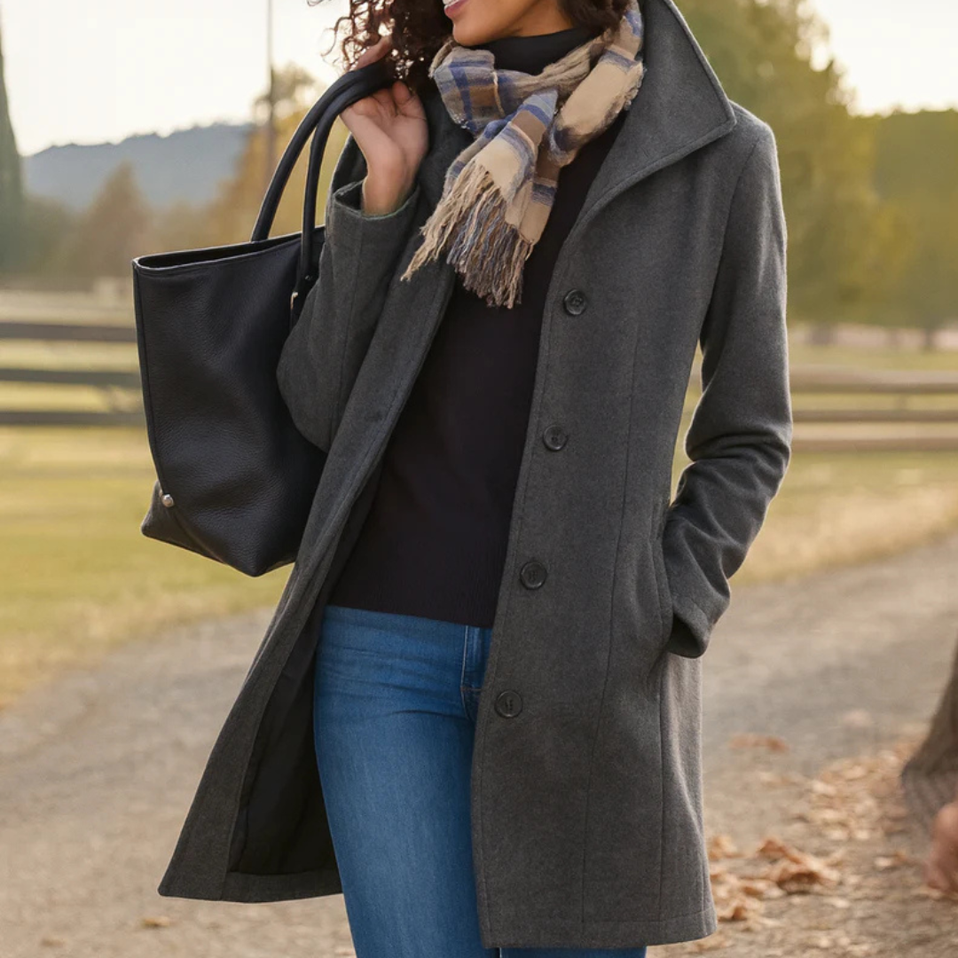 Michelle | Women's Dressy Wool Blend Winter Coat Lapel Collar Button Placket