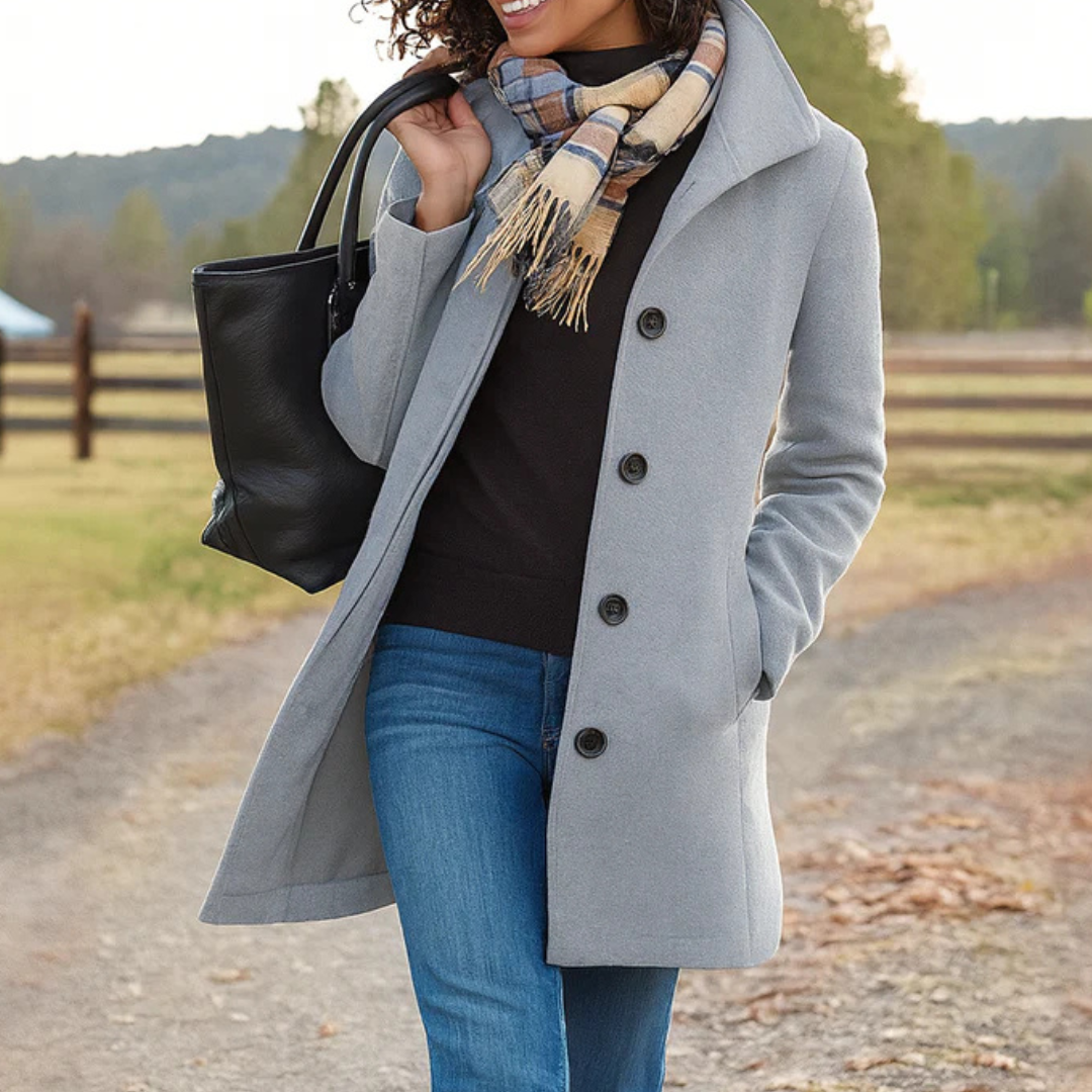 Michelle | Women's Dressy Wool Blend Winter Coat Lapel Collar Button Placket