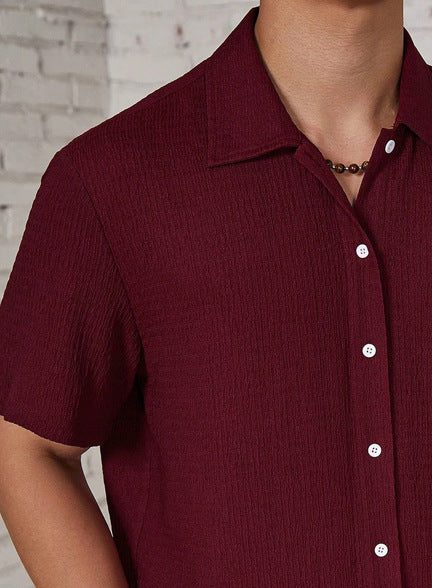 Textured Cuban Collar Short Sleeve Shirt for Men
