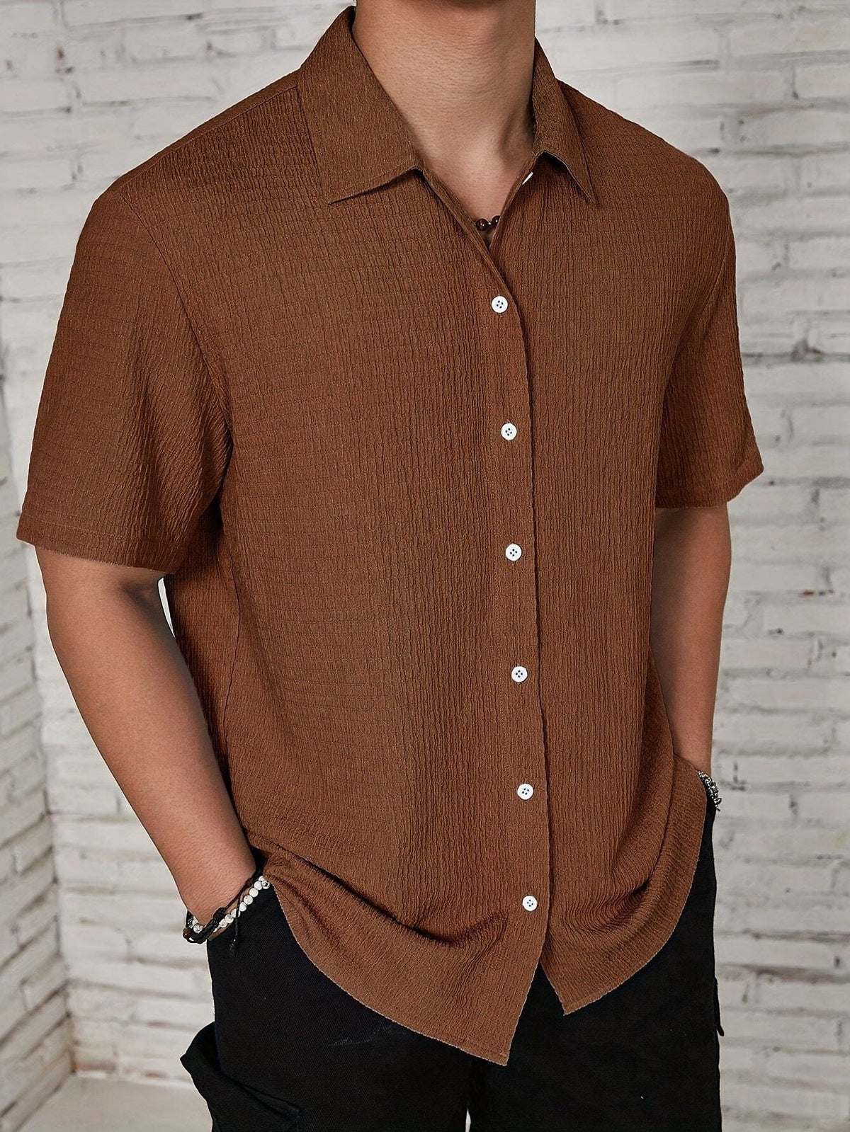 Textured Cuban Collar Short Sleeve Shirt for Men