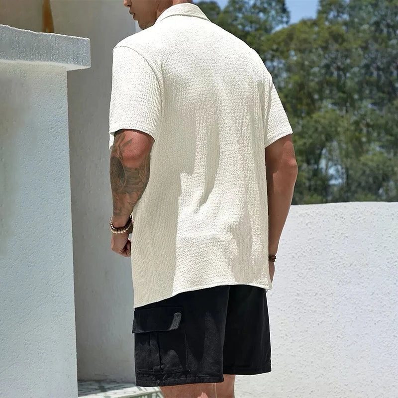 Textured Cuban Collar Short Sleeve Shirt for Men