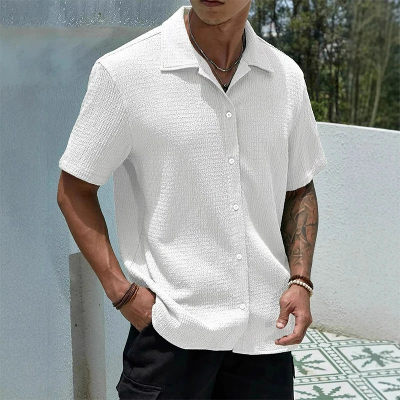 Textured Cuban Collar Short Sleeve Shirt for Men